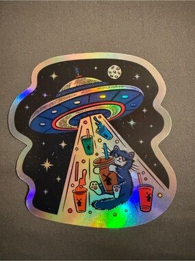 Dutch Bros Holographic UFO Cat Sticker - Rainbow Space Design
